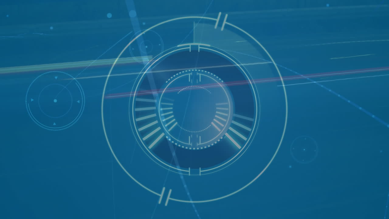 animación de escáner redondo, red brillante de conexiones y senderos de luz contra un fondo azul