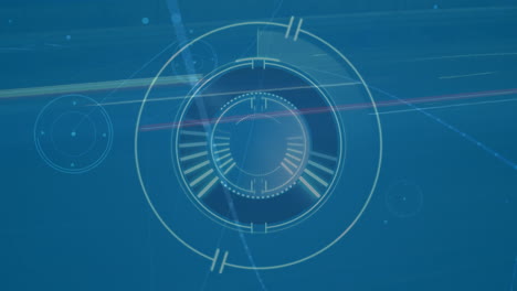 animation of round scanner, glowing network of connections and light trails against blue background