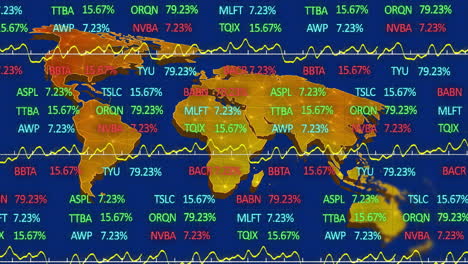 stock market data and ticker symbols over world map animation