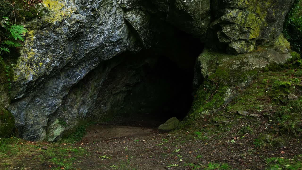 Entrance view of Cave of Mayenne sciences into the Erve valley, Mayenne, France.