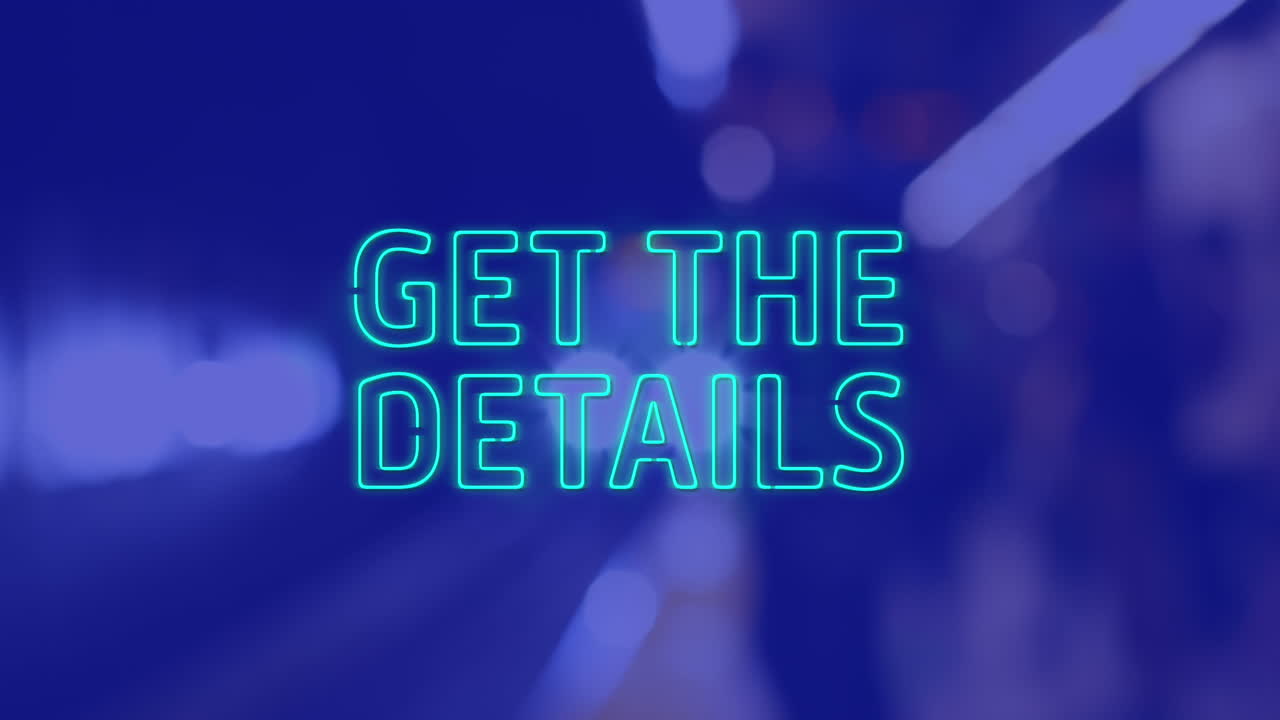 Animation of get the details neon text banner against train arriving at a station