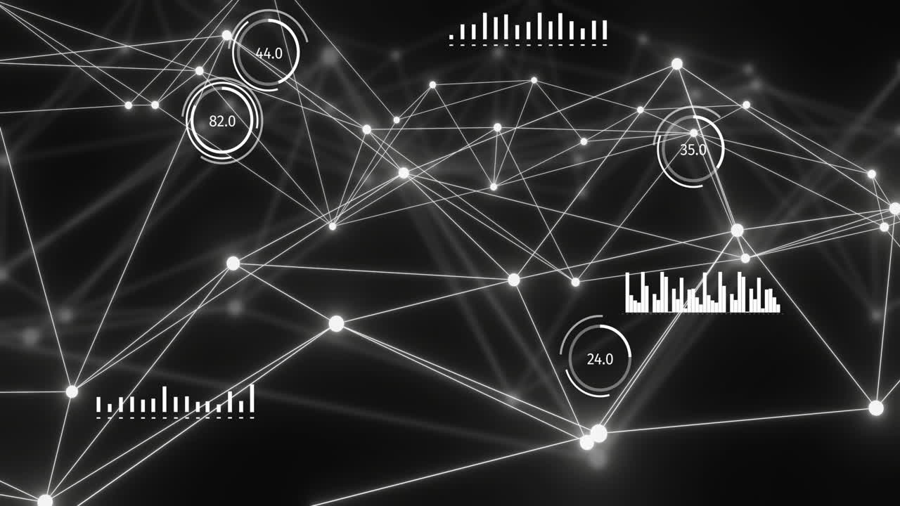 검은 바탕 위에 빛나는 노드와 연결 네트워크의 애니메이션
