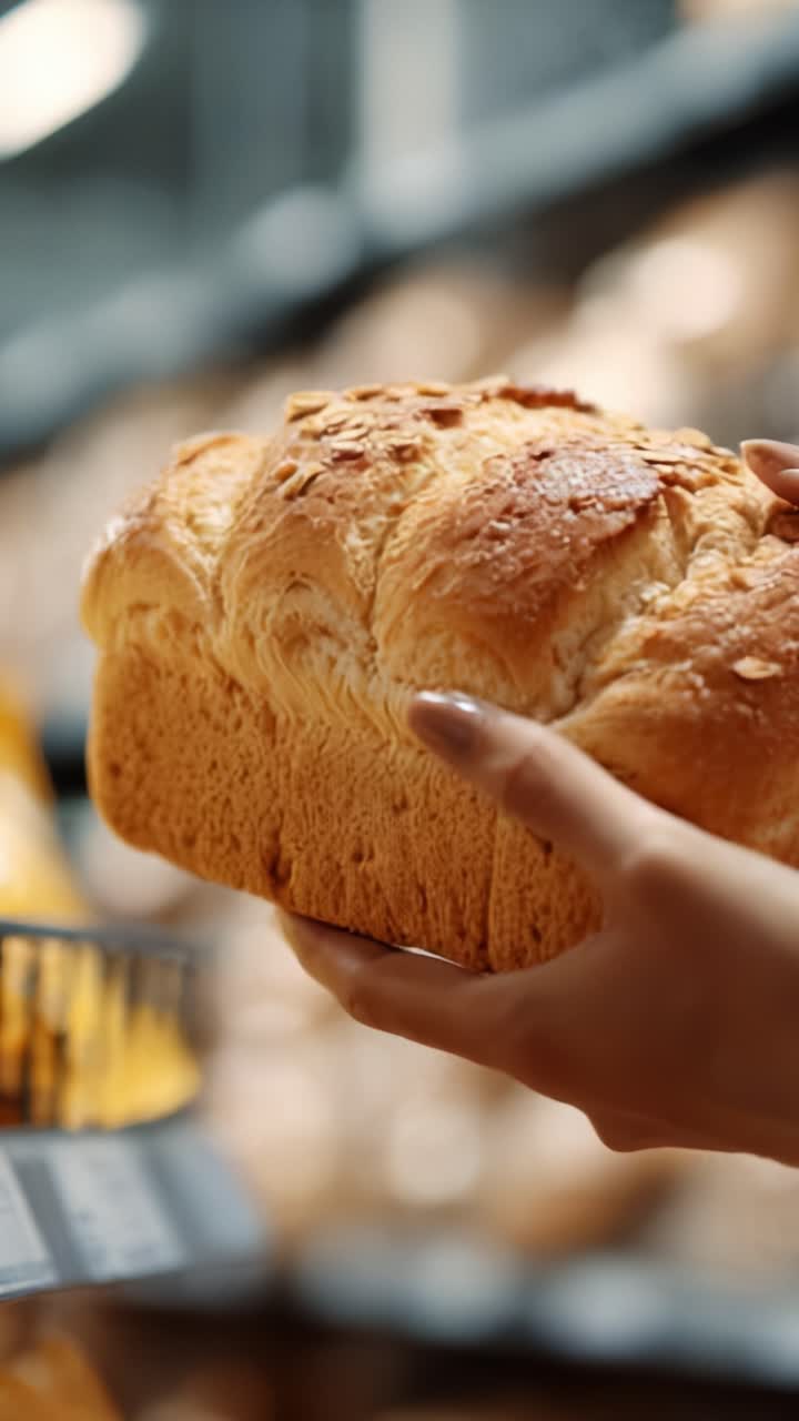 A Hand Holding a Freshly Baked Loaf of Bread in a Well-Stocked Bakery Aisle, Showcasing the Golden Brown Crust and Soft Texture, Perfect for Any Meal
