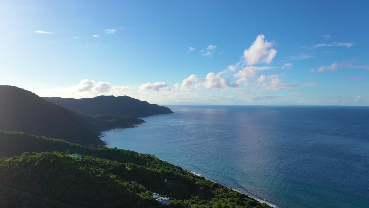This exclusive aerial view of St. Croix, USVI, features vibrant sea tones and lush greenery, with a small number of luxury homes subtly nestled into the quiet forested coast
