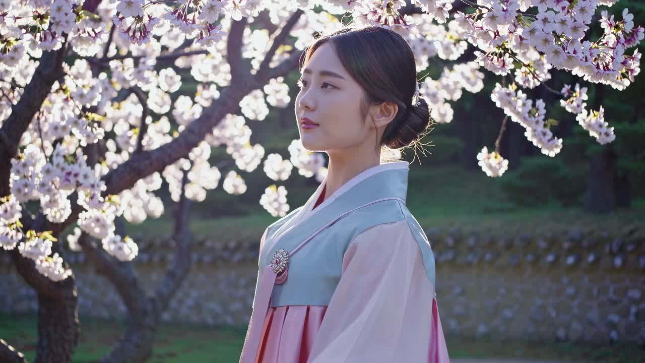 Una serena scena video di una donna in abito tradizionale sotto i fiori di ciliegio, ripresa di lato