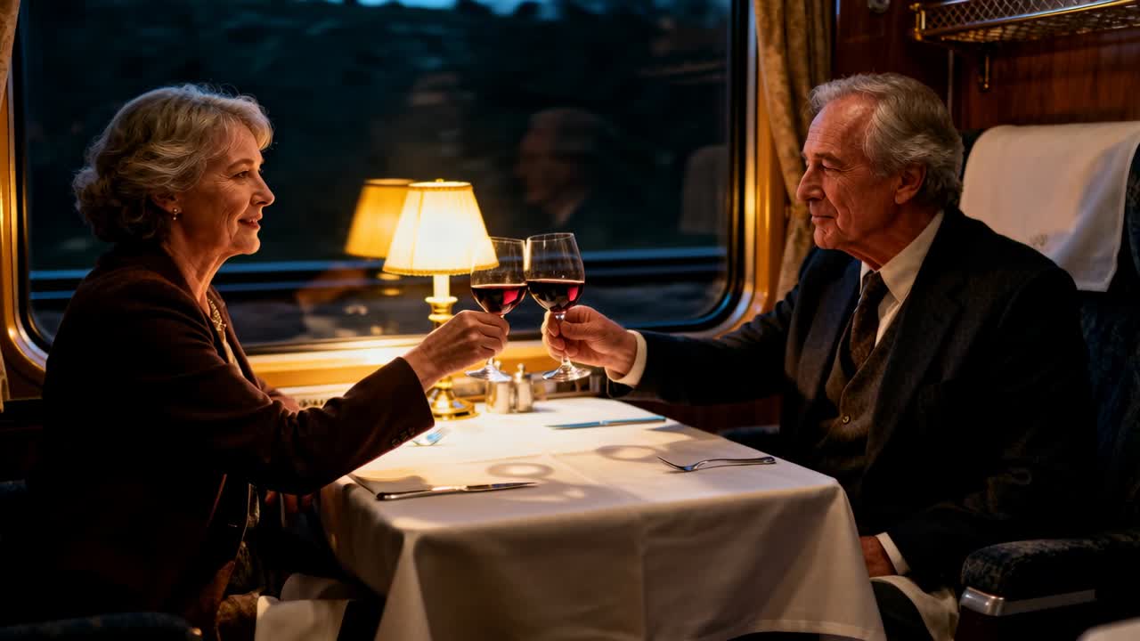 Raising red-wine glasses, senior couple in suit, blazer toasting in train dining car moving at dusk