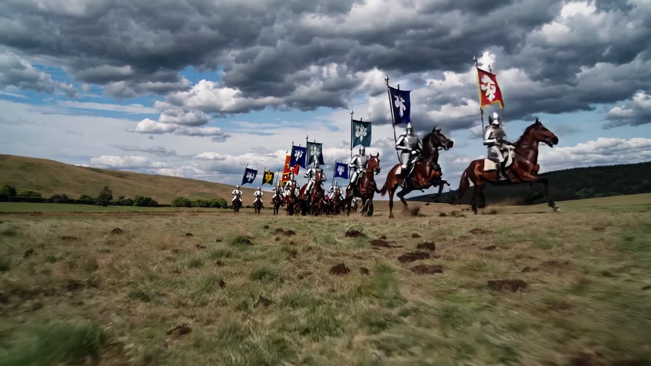 Low-angle video shot of medieval knights on horseback charging across a field, showcasing dynamic