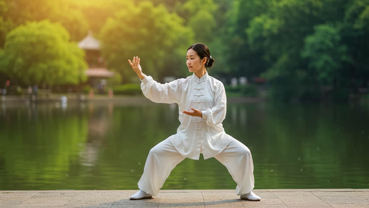 Woman practicing Tai Chi by a lake in a park