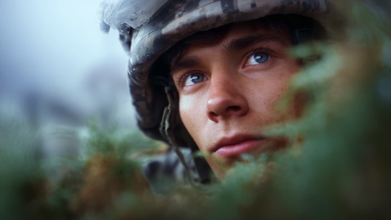 Een soldaat in camouflage kijkt door het gebladerte, waarbij hij vastberadenheid en focus toont terwijl hij navigeert door een gespannen omgeving vol onzekerheid en uitdagingen
