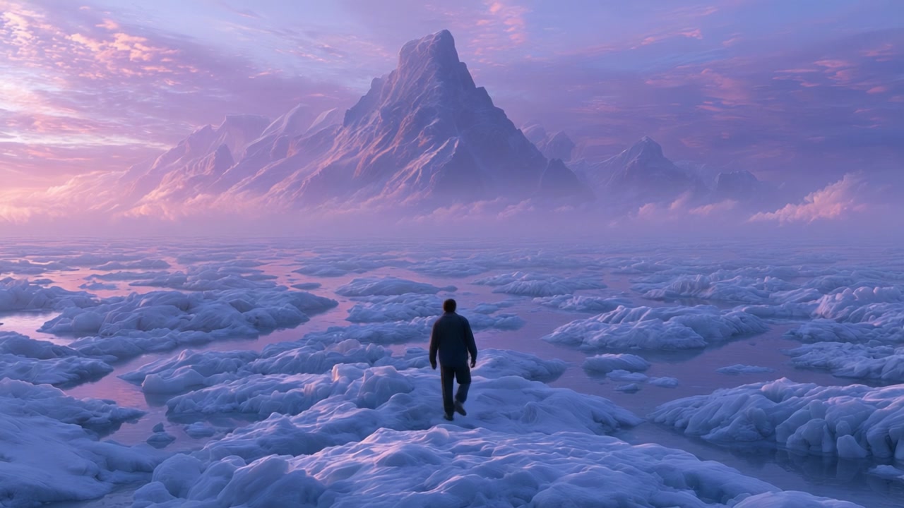 Una figura solitaria esplora un vasto e sereno paesaggio ghiacciato con imponenti montagne in lontananza, bagnato da tenui sfumature crepuscolari, che invita a un senso di meraviglia e tranquillità