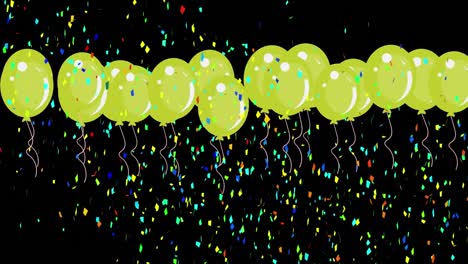 Animación-De-Globos-Verdes-Volando-Y-Confeti-Cayendo-Sobre-Fondo-Negro