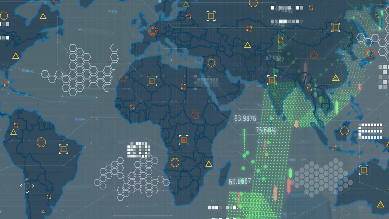 Animation of world map and financial data processing over blue background