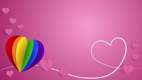 paper heart of rainbow colors lgbt symbol. flying figures of love hearts on a soft pink background.