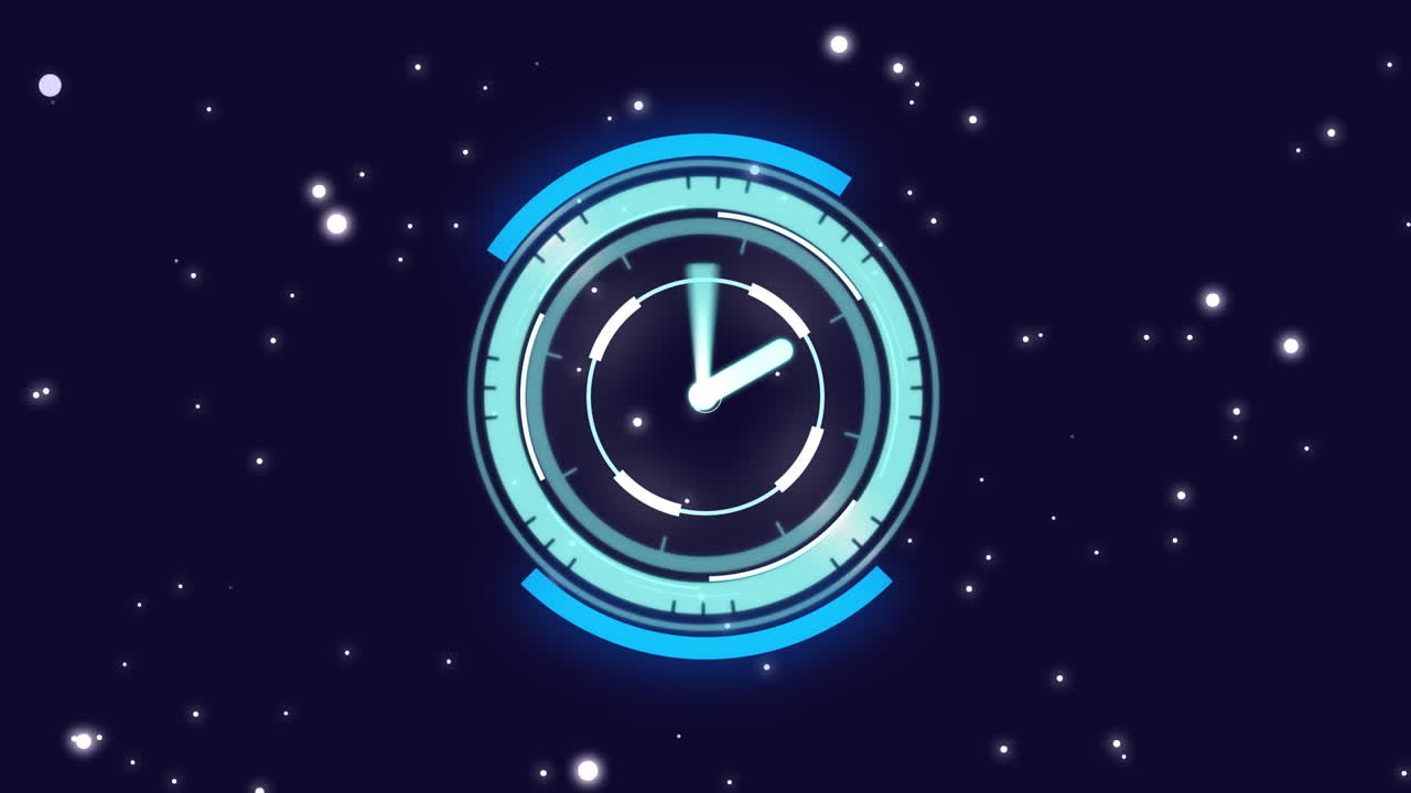 Animation of scope scanning with clock over moving spots of lights black background