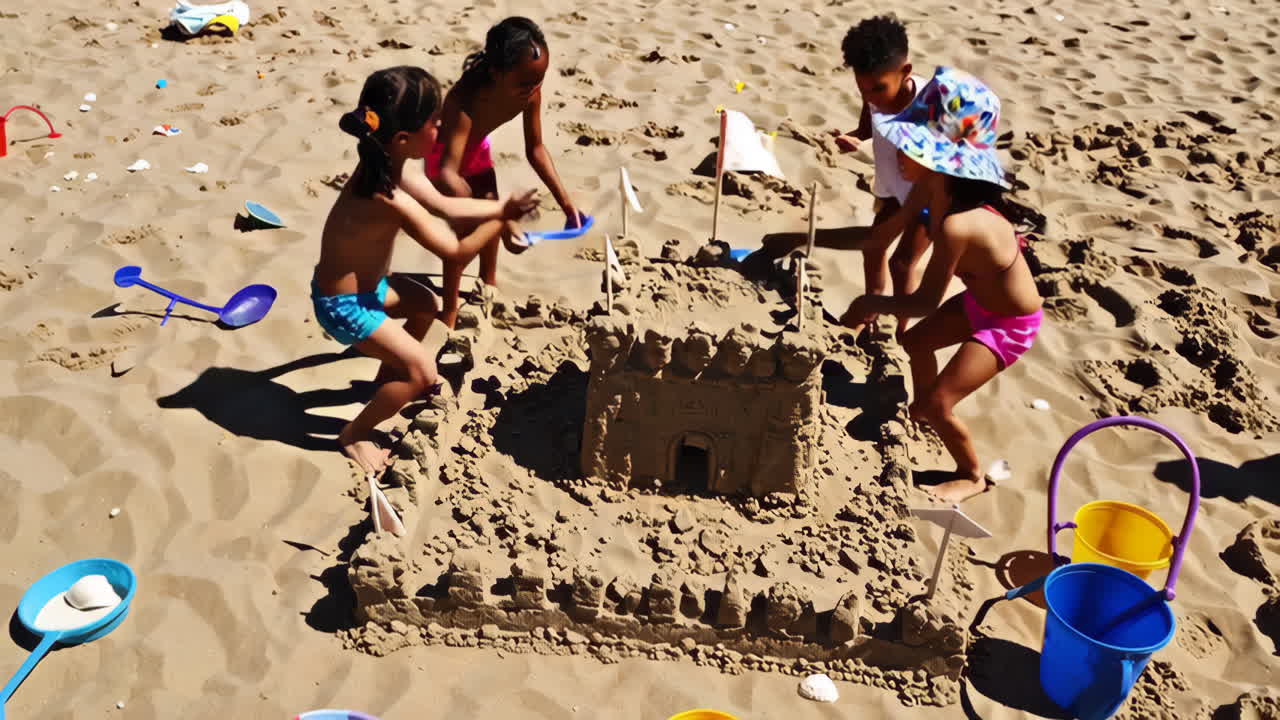 아이들이 해변에 모래 성을 짓고 있습니다.