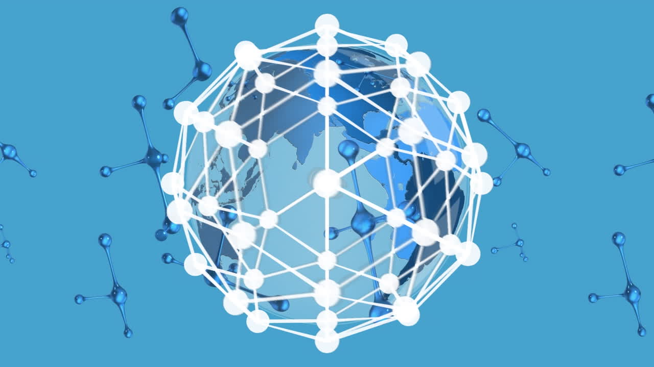 파란색 배경 위에 지구와 떨어지는 분자의 애니메이션