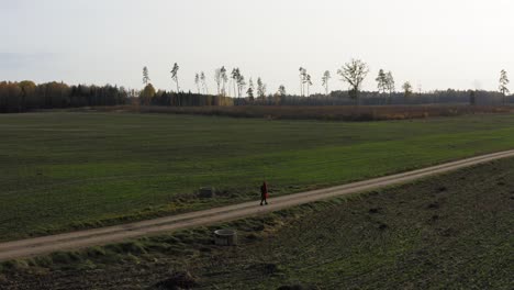 Siga-A-La-Cacerola-De-Una-Solitaria-Chica-De-Abrigo-Rojo-Caminando-Por-El-Camino-De-Tierra-Cerca-Del-Campo