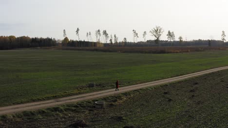 follow pan of lonely red coat girl walking on the dirt road near field