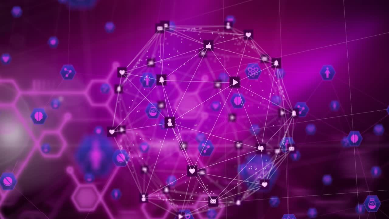 globo de red de conexiones y estructuras químicas contra un fondo púrpura