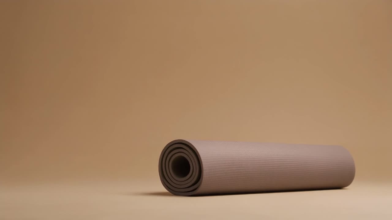 Sammenrullet yogamatte faller og lander på beige bakgrunn