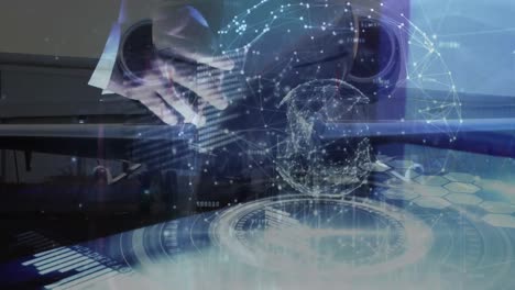 animation of network of connections with data processing over caucasian businessman and plane