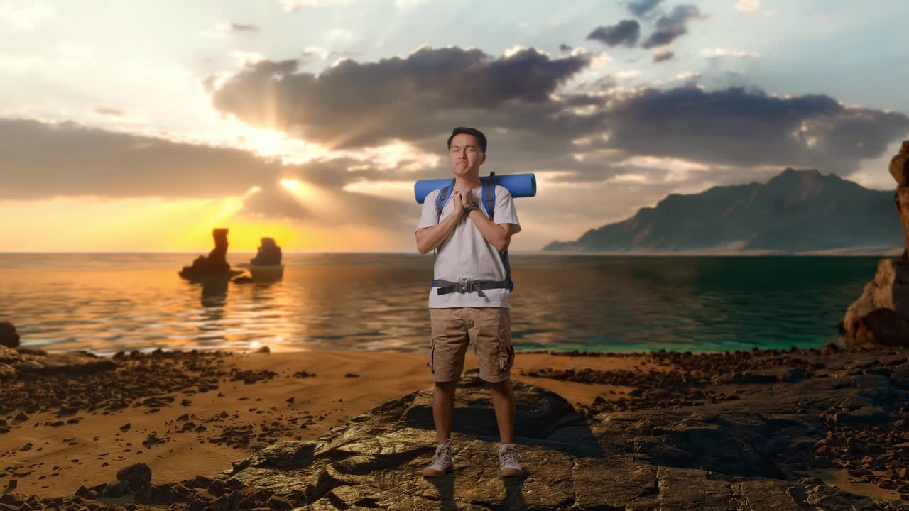 Celá postava asijského turisty s horolezeckým batohem, který se na pláži za něco modlí