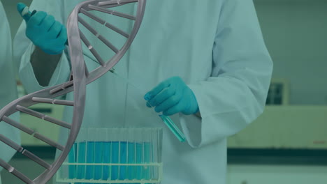 animación de una cadena de adn sobre un científico caucásico que trabaja en el laboratorio