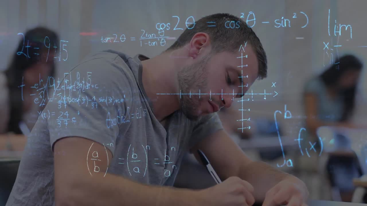 estudiante sentado en un examen en el aula contra cálculos matemáticos