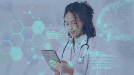 animation of data processing and chemical formula over biracial female scientist