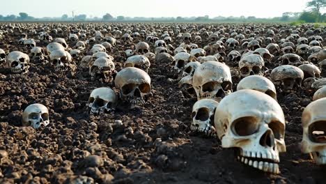 a large group of skulls sitting on top of a dirt field