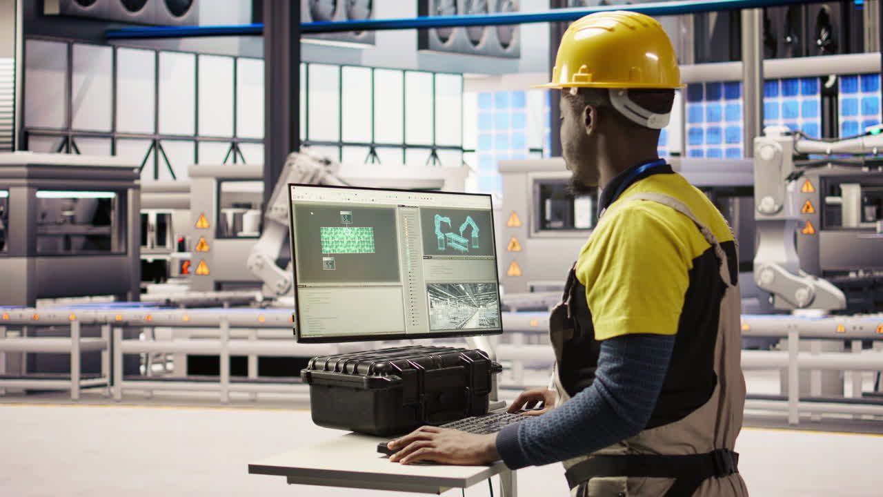 Vertical video Engineer overseeing solar panel production lines equipment using PC software
