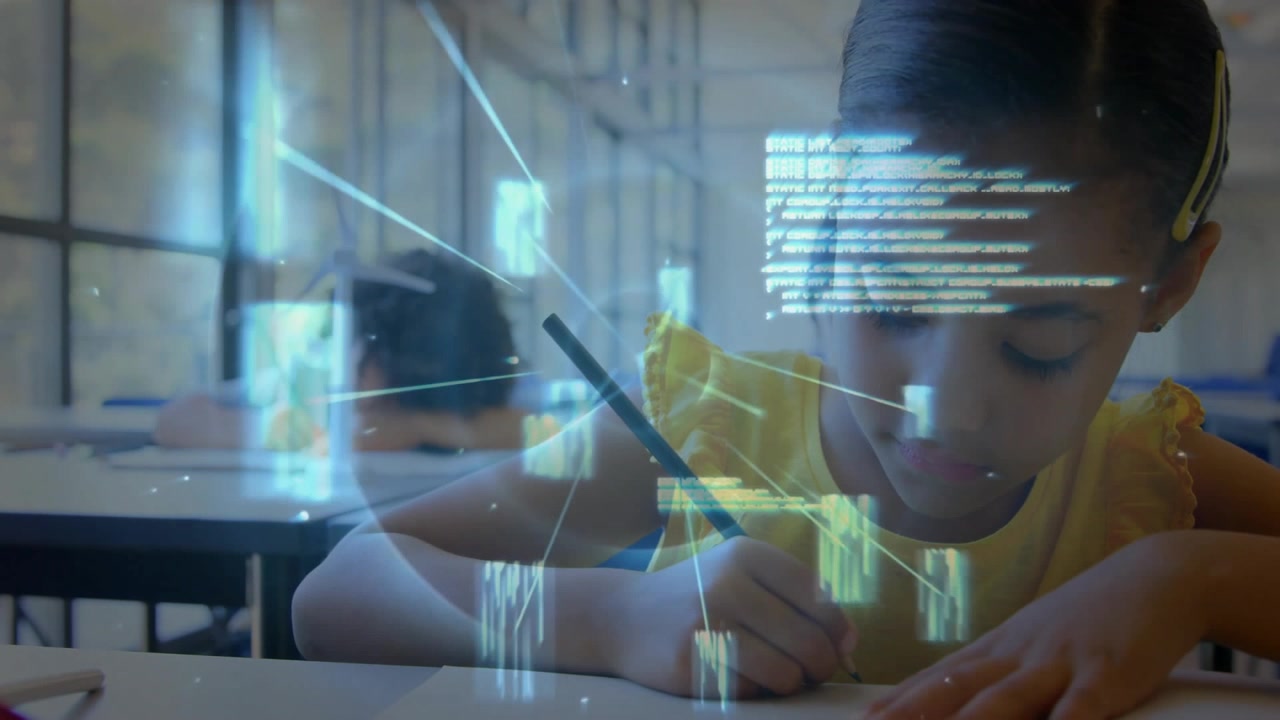 Girl lifting pencil and writing notes in school, initiating glowing code web visualizing learning
