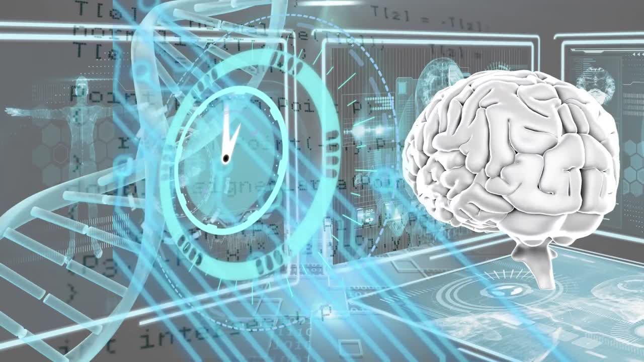 Animation of clock and scope scanning over digital brain and data processing on black background