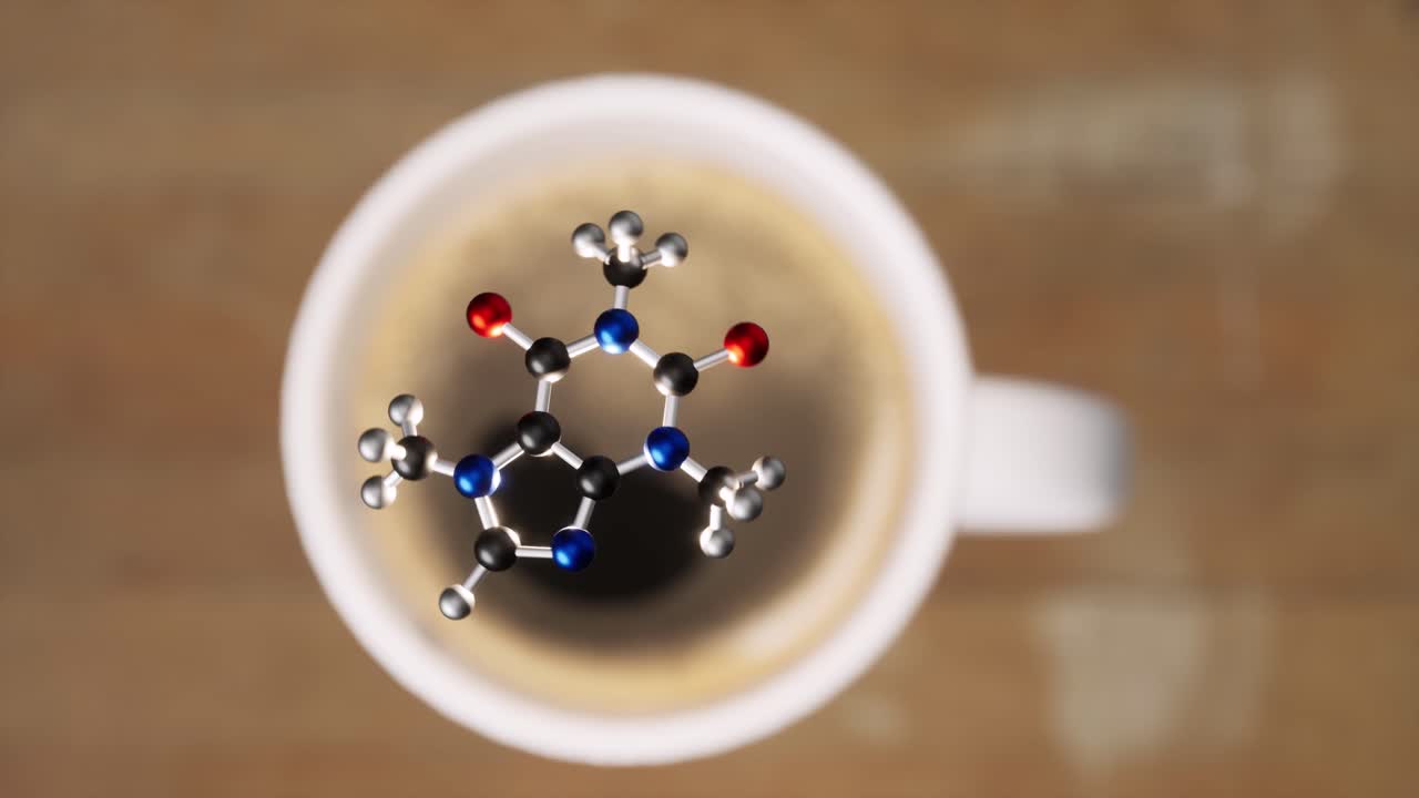 fórmula química estructural de la molécula de cafeína. animación en 3d