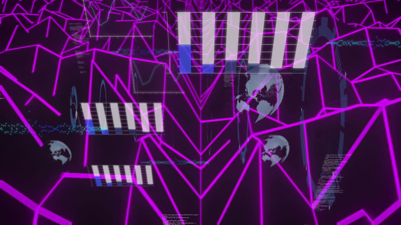 검은색 바탕에 선, 그래프, 지구, 원 및 컴퓨터 언어의 애니메이션