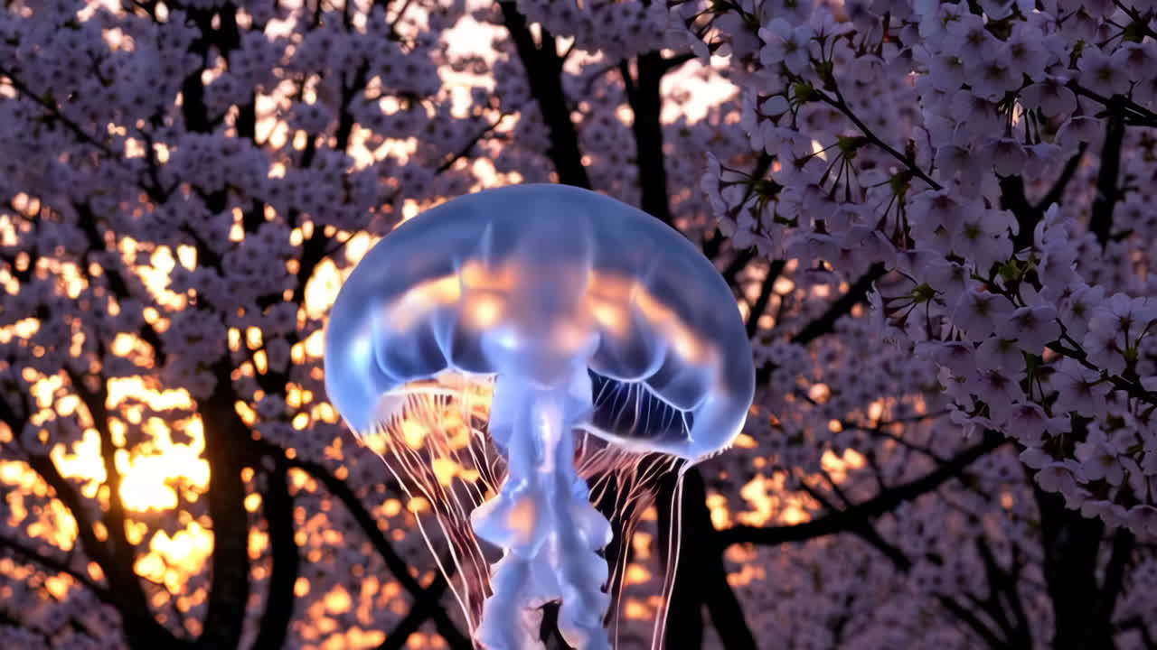 medusas brillantes en los cerezos en flor al atardecer
