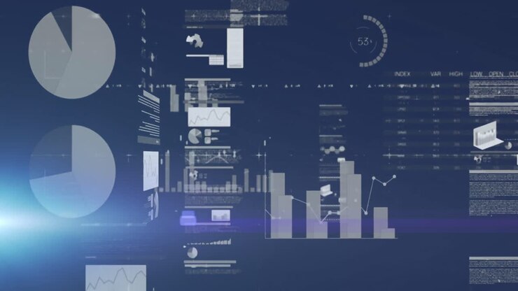 Animation of screens with statistical data processing against light spot on blue background