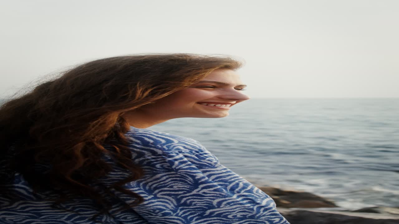 mujer sonriendo en la puesta de sol del océano