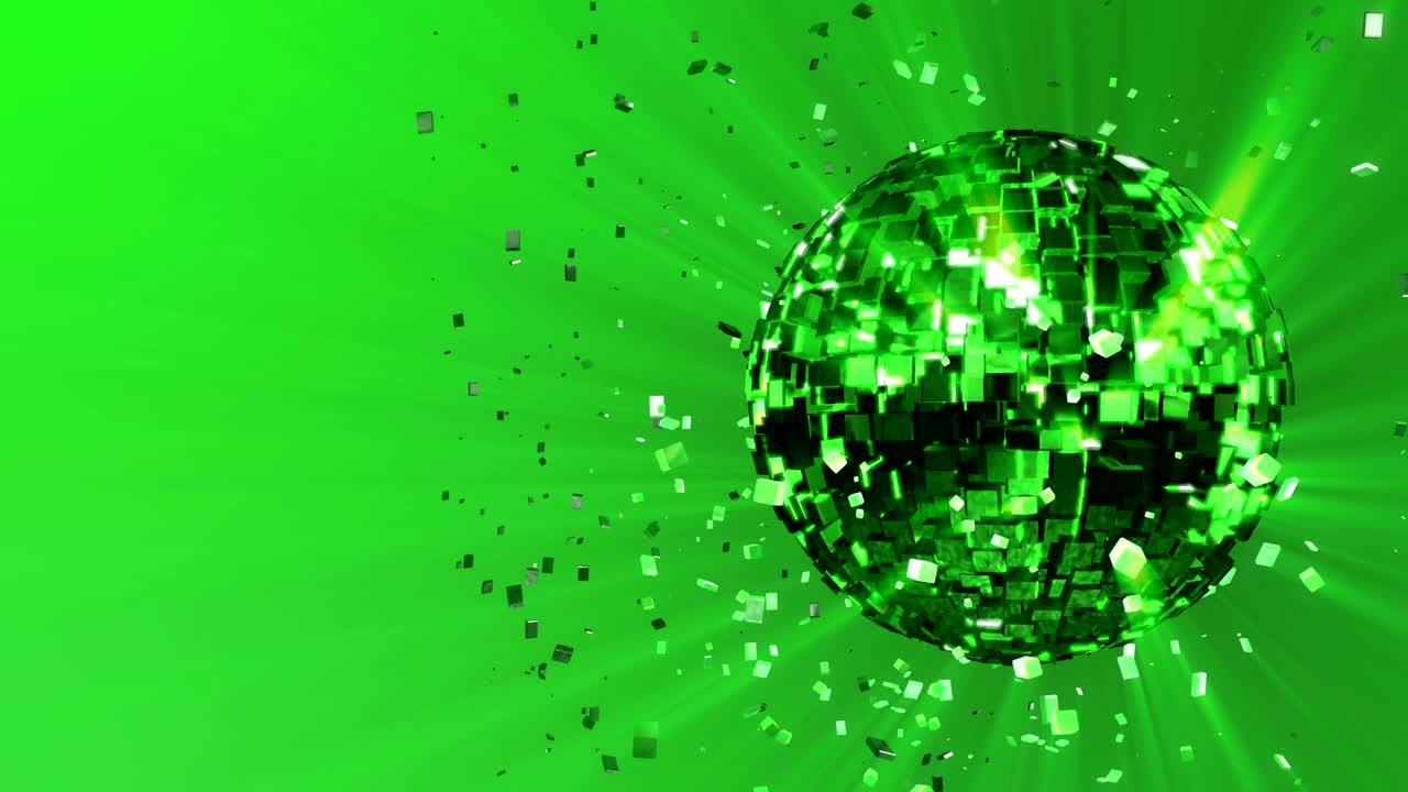 Abstract looped animated background: pulsating and spinning acid-green glow disco ball composed of cubes-crystals with shinny streaks of light, shards of crystals rotating around and reflecting rays