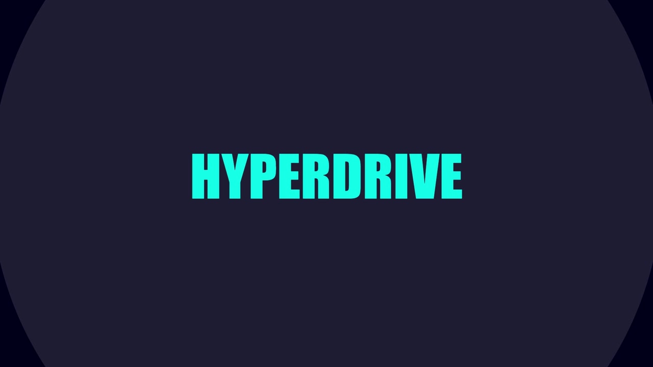 Render 3D teks hyperdrive dengan bentuk melingkar bercahaya di latar belakang gelap menciptakan animasi futuristik yang dirancang untuk visual fiksi ilmiah dan overlay video