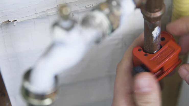 Old copper pipe being cut away from the plumbing after a pipe burst from cold temperature