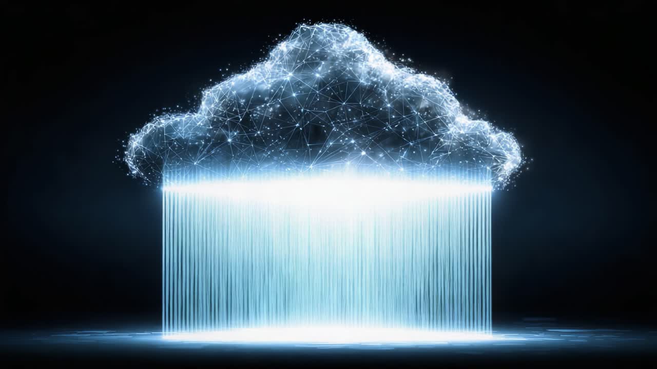A Stunning Visualization of a Digital Cloud Formation with Data Streams Representing Rainfall and Connectivity in a Futuristic Environment
