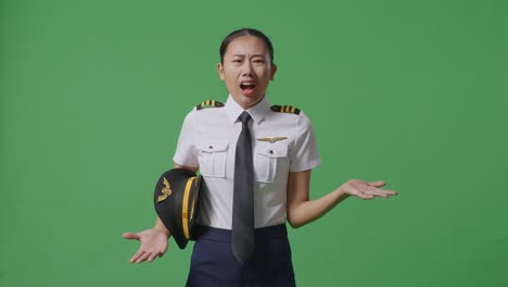 아시아 여성 조종사가 왜 그런지 궁금해하고 녹색 스크린 배경 스튜디오에서 의심스럽게 서 있습니다.