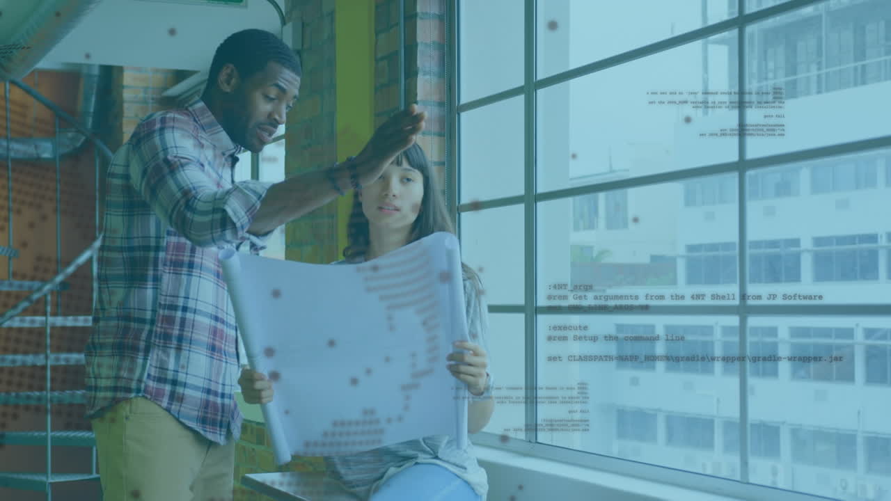 Animation of globe and data processing over diverse female and male coworkers in office