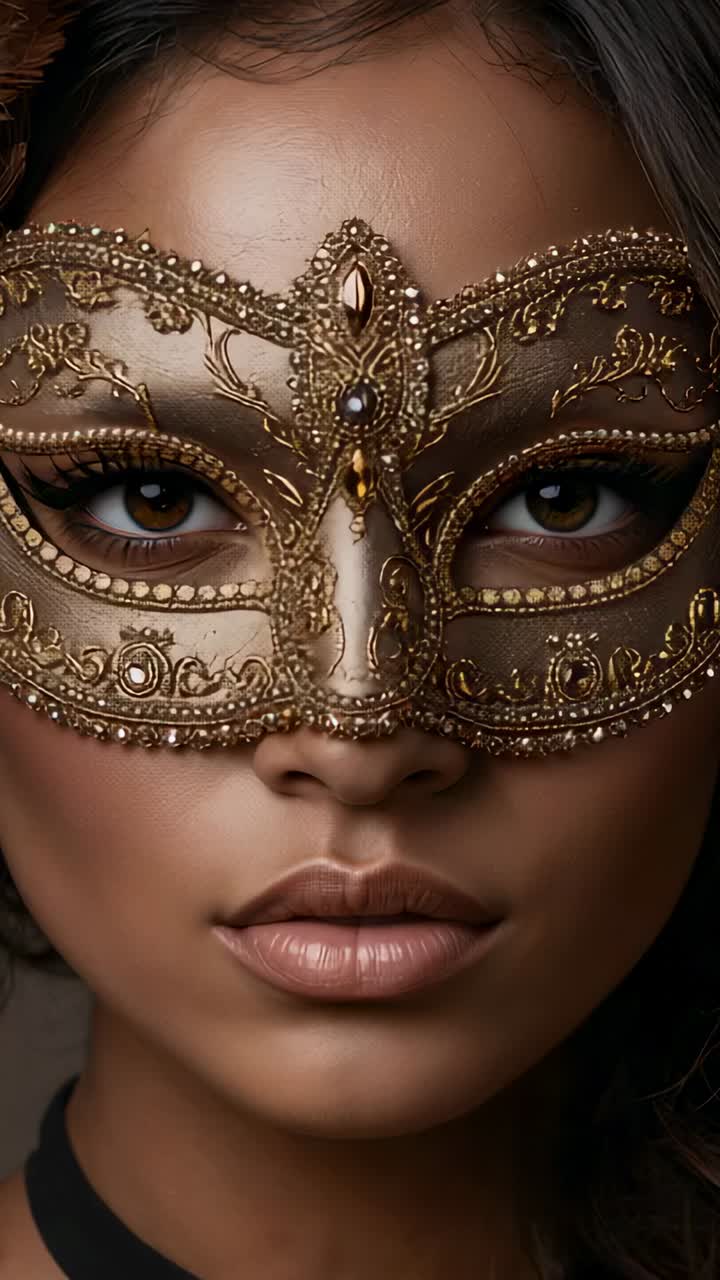 Video verticale: modello che sorride lentamente durante uno shooting in studio con maschera dorata e girocollo