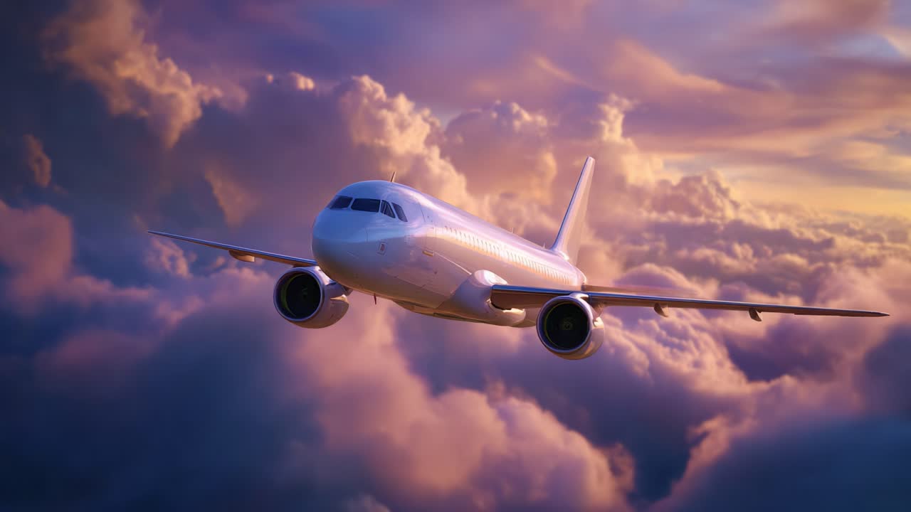 Un aereo maestoso che scivola tra nuvole vibranti durante il tramonto, mettendo in mostra il suo design elegante e i suoi motori potenti sullo sfondo di un cielo colorato
