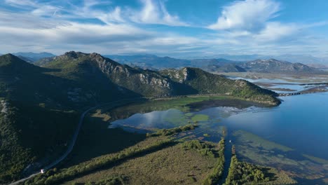 aerial view of a mountainous lake landscape