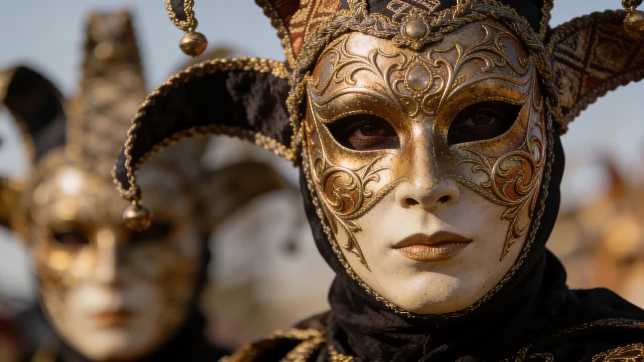 La telecamera stringe l'inquadratura su una persona mascherata a un festival, in piedi, che mostra una maschera d'oro e un cappello da giullare.