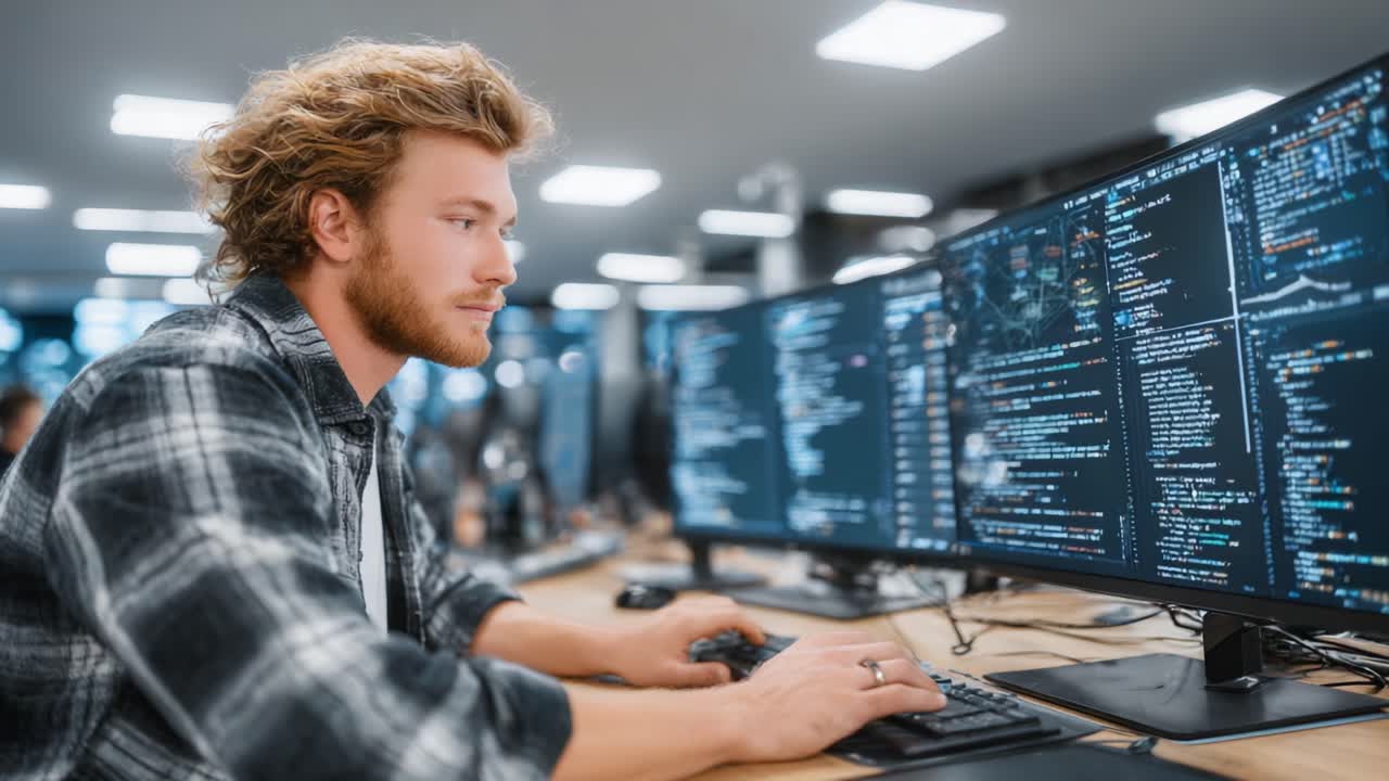 Focused Programmer Analyzing Code on Multiple Monitors in a Modern Workspace Environment, Surrounded by Colleagues Rumored to be Collaborating on Innovative Technology Solutions