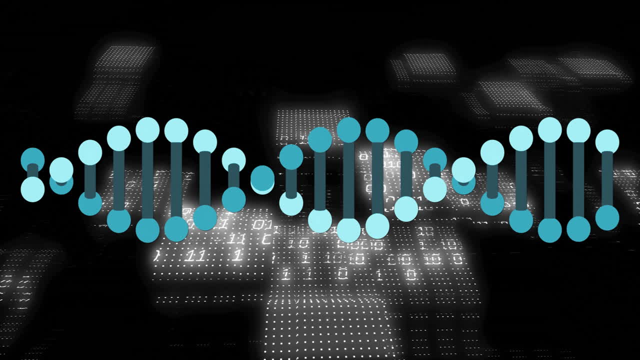 Scientific data processing animation with DNA strand and binary coding elements